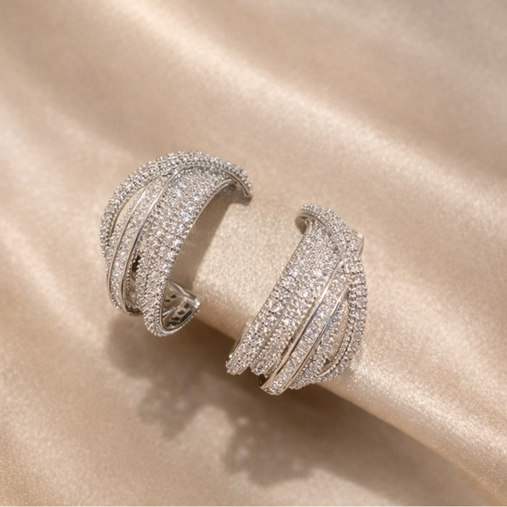 Anthropologie Silver Crystal Pave Hoop Earrings